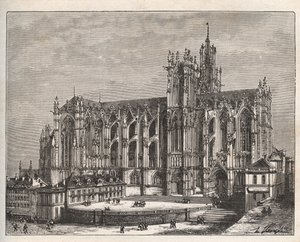 Frankrijk, Lorraine, Moselle (57), Metz: De kathedraal Saint Etienne de Metz - gravure in 