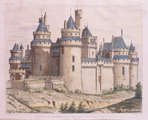 Frankrijk, middeleeuws kasteel Pierrefonds, gerestaureerd door Violet le Duc uit Moniteur des Architectes, gravure