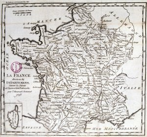 Frankrijk verdeeld in 84 departementen volgens de decreten van de Nationale Vergadering van 1793 door French School