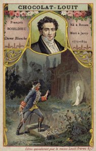 Francois-Adrien Boieldieu, Frans componist, en een scène uit zijn opera La Dame Blanche (chromolitho)