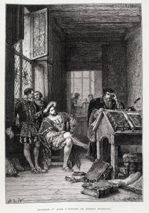 Francois I in de studio van Robert Estienne - gravure door French School