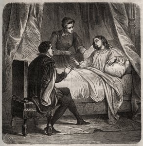 Francoise de Foix, Gravin van Chateaubriant (ca. 1495-1537), ziek, ontvangt Clement des Marets genaamd Marot (1496-1544), de knecht van Francois 1e, in bed. Gravure uit 1871 in 