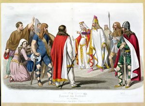Frankische en Merovingische kostuums, historische modeplaat uit Les Modes Francaises - Journal des Tailleurs, 1836 door French School