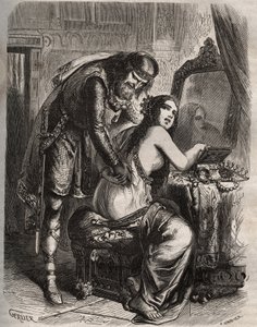 Fredegonde (545-597) neemt haar man, koning van de Franken Chilperic I (543-597), voor haar minnaar, Landeric. De koning ontdekt dat zijn vrouw hem bedriegt. Gravure uit 1871 in 