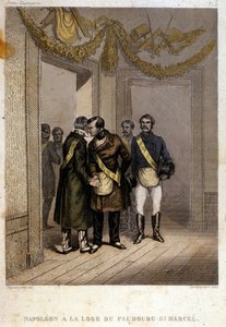 Vrijmetselarij: Napoleon Joseph Charles Paul Bonaparte, bijgenaamd Prins Jerome of Plonplon, wordt geïdentificeerd bij de ingang van de Tempel van Faubourg Saint Marcel. Gravure uit 