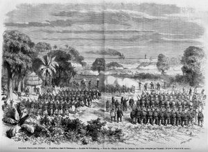 Franse koloniën (Senegal) 1865: Expeditie in Casamance. Slag bij Guimbering, verovering van het dorp, episode van de aanval op de door de vijand bezette duinen. door French School