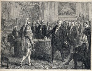 Franse Revolutie - Algemene Vergadering op 23/06/1789: Honore Gabriel Riqueti, Graaf van Mirabeau (1749-1791) spreekt Henri Evrard, Markies van Dreux Breze (1762-1829) aan. Gravure uit 1889. Privécollectie door French School