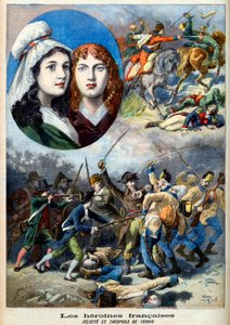 Franse Revolutie - De Franse heldinnen: de zusters Félicité (1770-1841) en Théophile (1875-1819) door Fernig die verkleed als man vochten tegen de Oostenrijkers om hun vader te bewaken in 1792 - illustratie uit 
