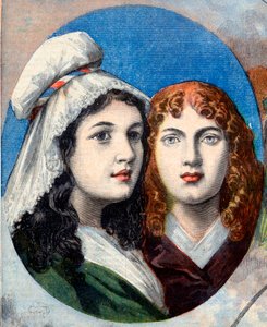 Franse Revolutie - De Franse heldinnen: de zusters Félicité (1770-1841) en Théophile (1875-1819) door Fernig die verkleed als man vochten tegen de Oostenrijkers om hun vader te bewaken in 1792 - illustratie uit 