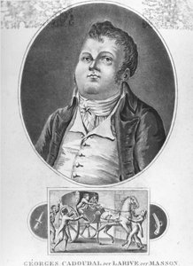 Franse Revolutie: Georges Cadoudal (alias Larive, alias Masson), een Franse samenzweerder die een van de leiders was van de Chouans en twee complotten tegen Bonaparte organiseerde, werd geëxecuteerd op 25 juni 1804 - gravure, collectie museum Dobrée, Nante door French School