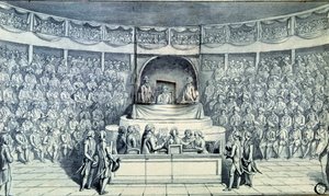Franse Revolutie: Koning Lodewijk XVI (1754-1793) aan het roer wordt ondervraagd door Antoine Barnave (1761-1793) tijdens zijn proces voor de Nationale Conventie die zal beslissen over zijn doodvonnis op 21/01/1793. Anonieme tekening rond 1793. Parijs, Lou