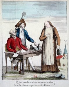 Franse Revolutie: karikaturale voorstelling van een lid van de geestelijkheid die gedwongen wordt het eigendom van de kerk terug te geven. 