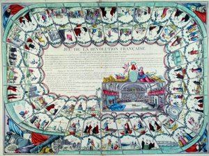 Franse Revolutie: ganzenbordspel dat de belangrijkste stadia van de revolutie en een uitzicht op de Nationale Vergadering presenteert. Eind 18e eeuw. Parijs, B.N.