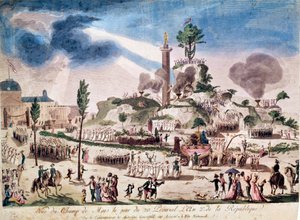 Franse Revolutie: het Feest van het Opperwezen op de Champs de Mars op 8/06/1794 (20 Prairial An II). Anonieme gravure uit de 18e eeuw. door French School