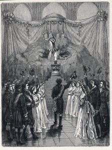 Franse Revolutie: de godin van de rede in de Notre Dame kathedraal in Parijs tijdens een viering ter ere van de vernietiging van het fanatisme op 10 november.