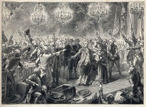Franse Revolutie: de royalisten zweren trouw aan de monarchie in aanwezigheid van koning Lodewijk XVI (1754-1793), koningin Marie Antoinette (1755-1793) en de dauphin tijdens het banket van de lijfwachten georganiseerd op 1 oktober 1789 in de Orangerie van door French School