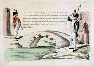 Franse en Luxemburgse douanebeambten begroeten elkaar vriendschappelijk (grenskwestie onder de revolutie), eind 18e eeuw door French School