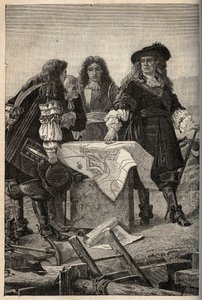 Franse architect Vauban maakt de plannen voor de vestingwerken van Belfort (oost-Frankrijk) op verzoek van Lodewijk XIV in 1687 - Sebastien Le Prestre de Vauban geeft de plannen van de vestingwerken van Belfort - gravure in 