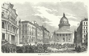 Franse leger troepen vallen opstandelingen aan die het Pantheon bezetten, Parijs, 24 juni 1848 door French School