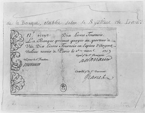 Frans bankbiljet voor tien pond van de Law Bank, gedateerd 1 april 1719 door French School