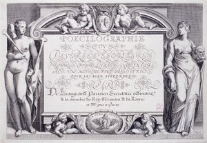 Franse calligrafie: Poecilografie, frontispice, door Baptiste de Beaugrand in 1606