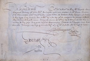 Franse calligrafie: Ontvangstbewijs ten gunste van Bernard de Beaugrand afgeleverd op 2 juli 1623. Historische bibliotheek van de stad Parijs door French School