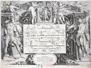 Franse calligrafie: Technografie, frontispice door Guillaume Le Gangneur rond 1599. Historische bibliotheek van de stad Parijs