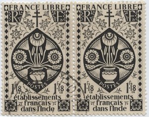 Franse vestigingen in India - FRANKRIJK VRIJ en Kruis van Lotharingen - Postzegel 1942 door French School