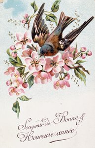 Franse nieuwjaarskaart met bloemen en een vogel door French School
