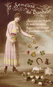 Franse ansichtkaart met La Semeuse de Bonheur (De Zaaier van Geluk)