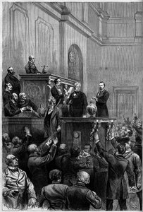 Franse presidentsverkiezingen, 30 januari 1879: na het aftreden van Mac Mahon, stemden parlementariërs om een nieuwe president van de Republiek te kiezen. De gravure toont Jules Armand Dufaure (1798-1881) die zijn stem uitbrengt. door French School