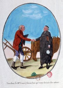 Franse revolutie: een boer en een priester schudden elkaar de hand. 