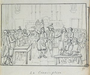 Franse revolutie: conscriptiescène in Bretagne in 1793 door French School