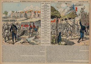 Franse troepen onder bevel van Generaal Alfred-Amedee Dodds vallen Abomey aan, Dahomey, Tweede Frans-Dahomeese Oorlog