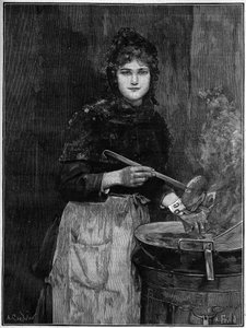 Frietverkoper; gravure uit 1888 naar het schilderij van Achilles Foald. door French School