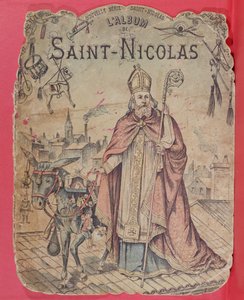 Voorkant van een fotoalbum met Sint-Nicolaas die cadeautjes brengt aan de kinderen, eind 19e eeuw (kleurgravure) door French School