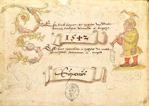 Frontispice uit Recueil de chants religieux et profanes IX met een man met bril die een blaasinstrument bespeelt met een vogel op zijn hoofd, 1542 door French School