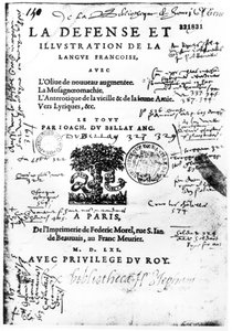 Frontispice van La Defense et Illustration de la Langue Francaise door Joachim du Bellay, gedrukt door Federic Morel in Parijs in 1561 door French School