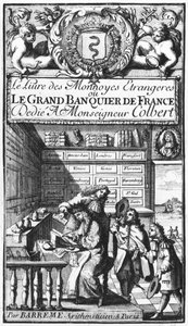 Frontispice van Le Grand Banquier de France ou Le Livre des Monnaies Étrangères door Bertrand François Barreme, laat 17e eeuw door French School