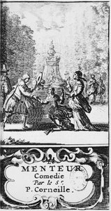 Frontispice van Le Menteur door Pierre Corneille (1606-84) gepubliceerd in 1664, Amsterdam