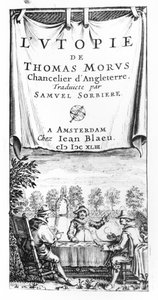 Frontispice van De Utopia van Thomas More (1478-1535), Kanselier van Engeland, Vertaald door Samuel Sorbiere, uitgegeven door Jan Blaeu (d.1673) in Amsterdam, 1643 door French School