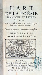 Frontispice van De kunst van Franse en Latijnse poëzie, met een idee van muziek onder een nieuwe methode door Pherotee La Croix