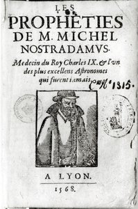 Frontispice van Les Propheties de M. Michel de Nostradamus (1503-66), met een portret van Nostradamus, uitgegeven in Lyon 1568