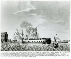 Fultons stoomaangedreven oorlogsschip, Fulton de Eerste, ontworpen en gebouwd door Robert Fulton voor de verdediging van New York in de oorlog van 1812 door French School