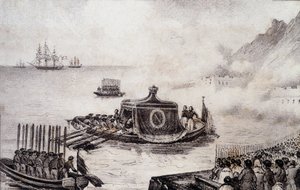 Begrafenis van Napoleon I: vertrek van Sint-Helena - tekening door Levilly, in "Historisch schilderij van de begrafenis van Napoleon" door M. St Maurice, ca. 1851 door French School