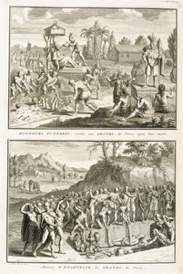 Begrafenisrituelen en de manier van begraven van heren na hun dood, in Peru, illustratie uit Religieuze Ceremonies en Gebruiken, gegraveerd door Bernard Picart (1673-1733) 1722