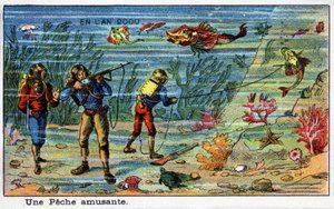 Toekomstige dagen: Een Negentiende Eeuwse Visie op het Jaar 2000 Serie: Een Leuk Vissen (Onder de Zee). Chromolithografie door Villemard
