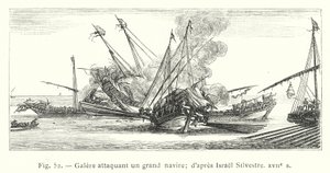 Galei die een groot schip aanvalt; naar Israel Silvestre, 17e eeuw door French School