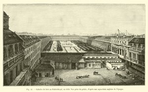 Houten galerijen in het Palais-Royal, in 1828, gezien vanaf het paleis, naar een Engelse aquatint uit die tijd door French School
