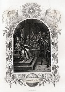 Galileo Galilei (1564-1642) voor de Heilige Officie in het Vaticaan. De astronoom werd in 1632 veroordeeld door het Inquisitie Tribunaal. Gravure ter illustratie van Histoire des popes door Maurice Lachatre (1814-1900), librairie du progres, Parijs. door French School